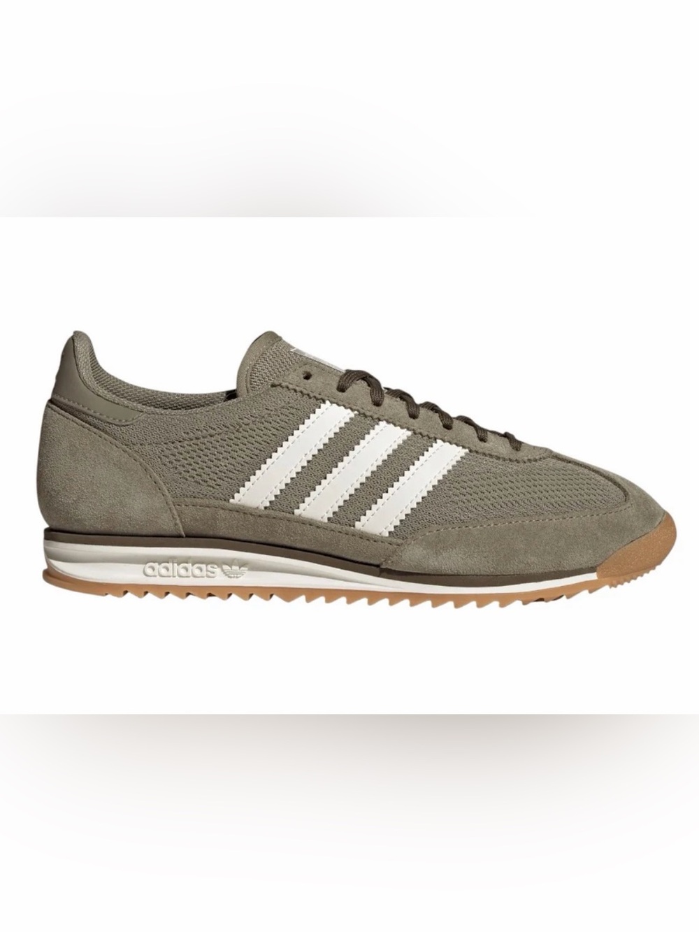 Adidas SL 72 women’s sneaker. Retro Trainer in Olive Green with White Stripes